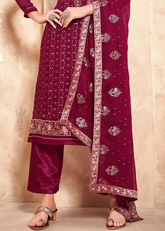 Ruby Pink Georgette Salwar Suit with Thread & Sequence Embroidery work - qivii