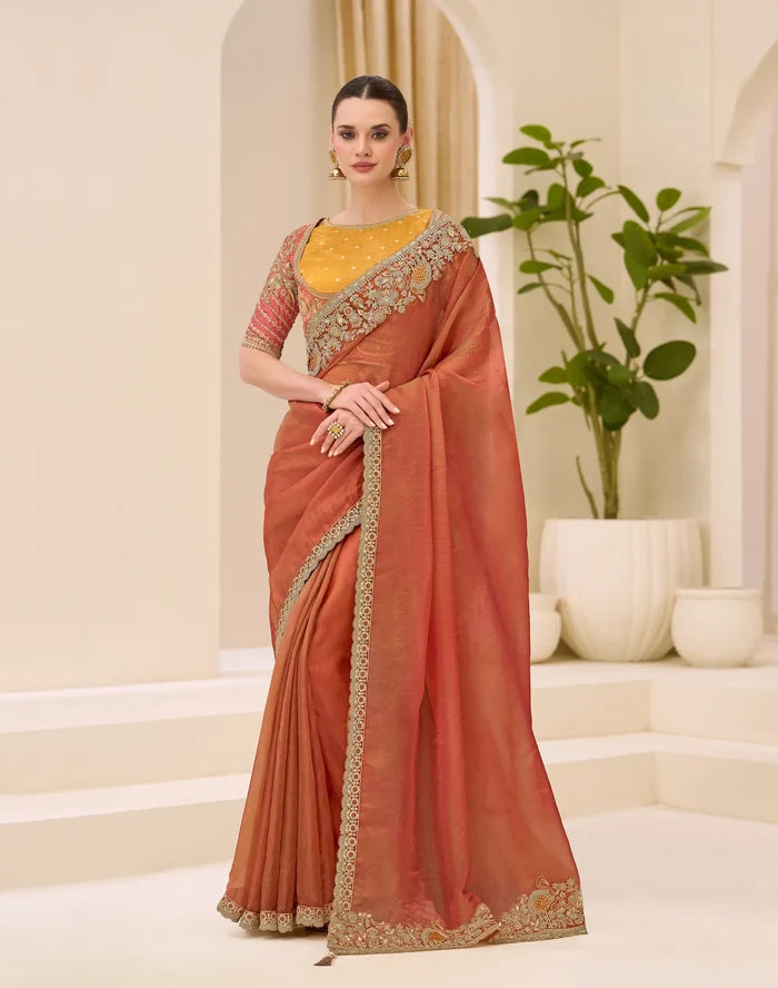 Rust Orange Georgette Party wear Saree