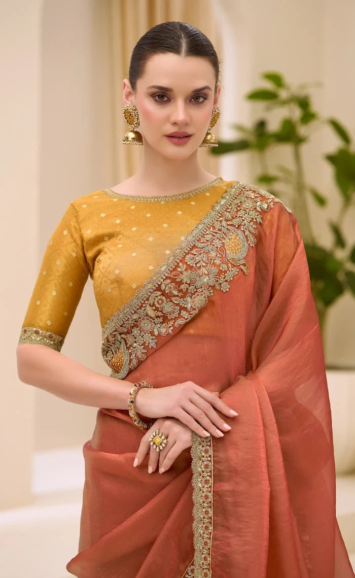 Rust Orange Georgette Party wear Saree