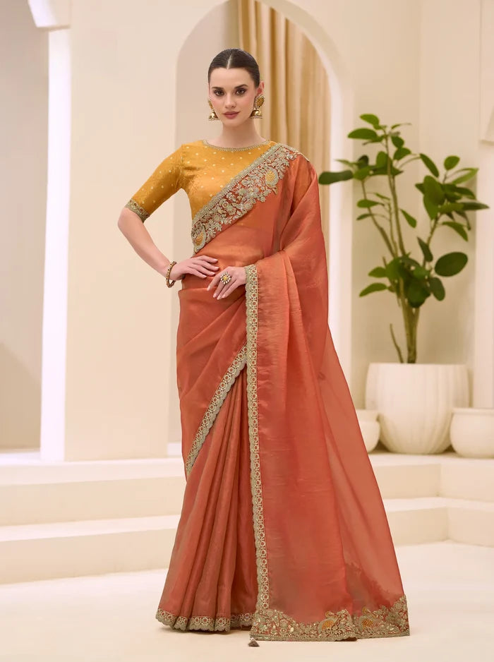 Rust Orange Georgette Party wear Saree