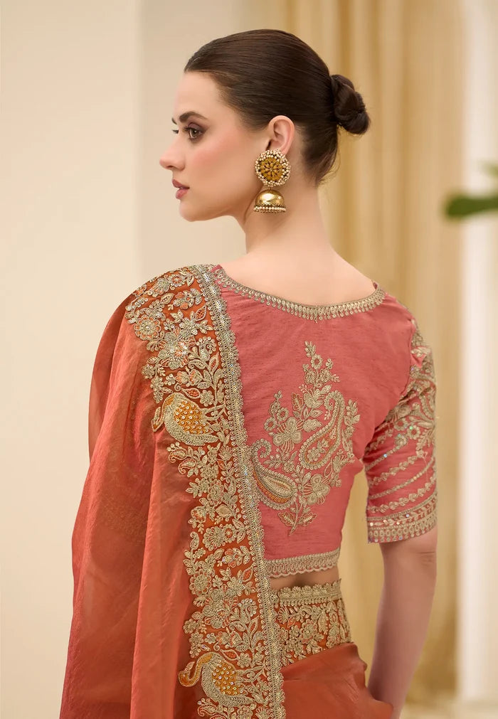 Rust Orange Georgette Party wear Saree