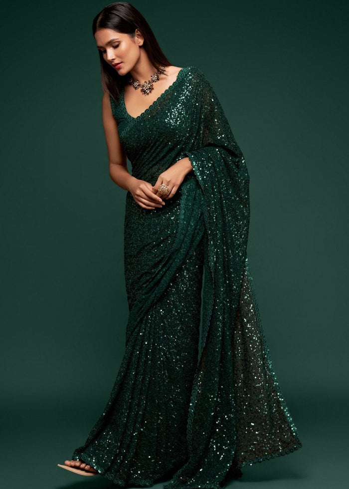 Sacramento Green Sequins & Thread Embroidered Designer Georgette Saree - qivii