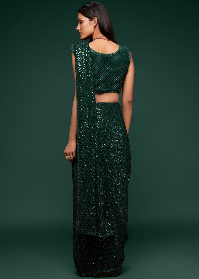 Sacramento Green Sequins & Thread Embroidered Designer Georgette Saree - qivii