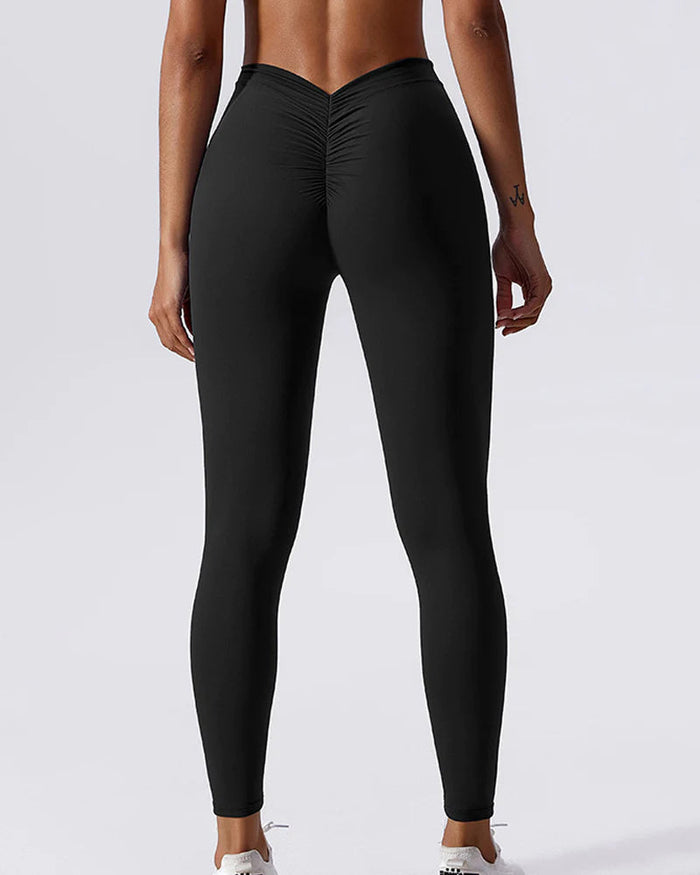 Sculpting V-Back Ruched Leggings Peach Butt Lifting Yoga Pants  - By Qivii