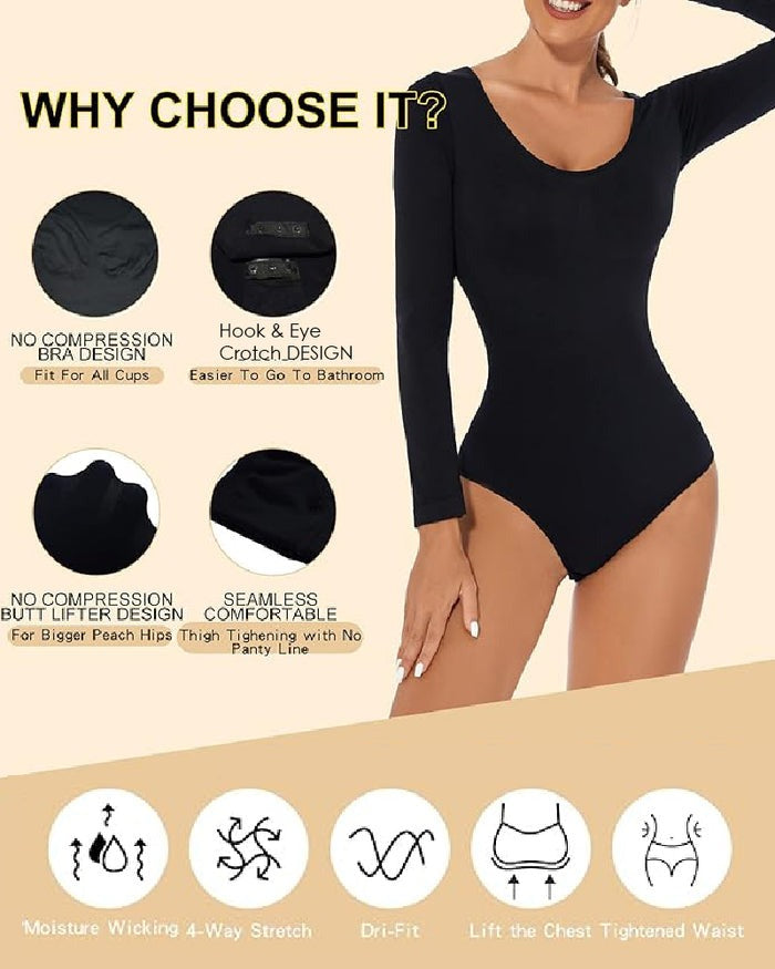 Seamless Crew Neck Long Sleeve Corset Bodysuit Tops Stretch Triangle Jumpsuit  - By Qivii