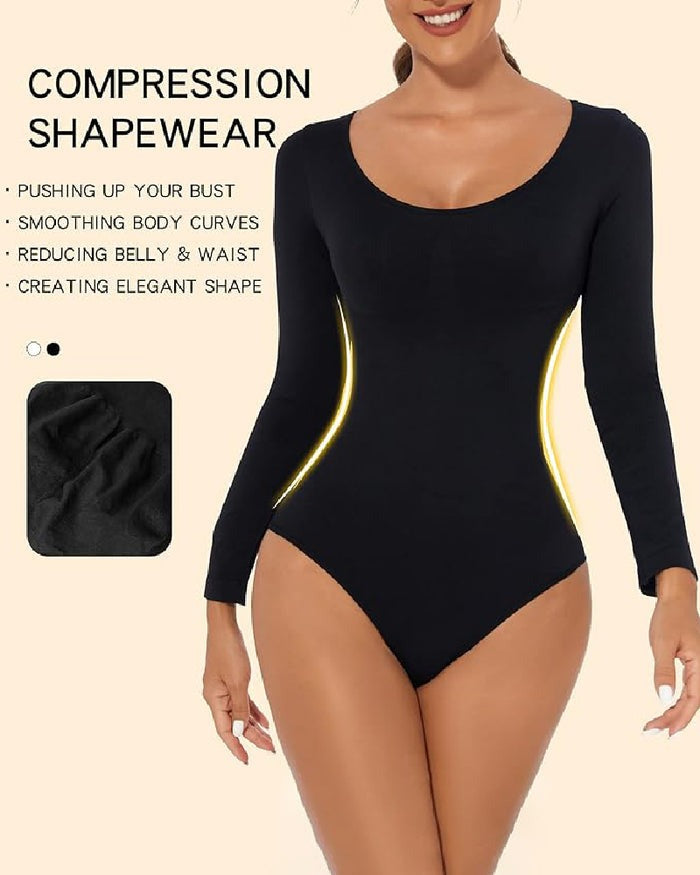 Seamless Crew Neck Long Sleeve Corset Bodysuit Tops Stretch Triangle Jumpsuit  - By Qivii