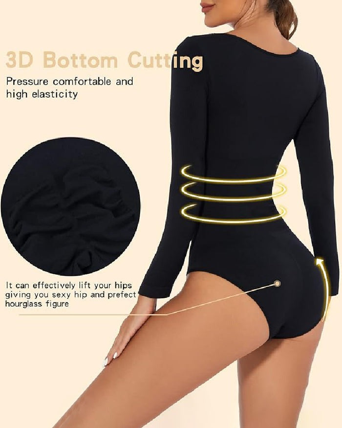 Seamless Crew Neck Long Sleeve Corset Bodysuit Tops Stretch Triangle Jumpsuit  - By Qivii