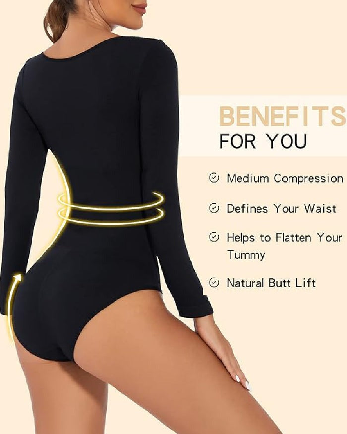 Seamless Crew Neck Long Sleeve Corset Bodysuit Tops Stretch Triangle Jumpsuit  - By Qivii