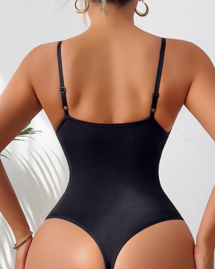 Seamless Plunge Neck Tummy Control Thong Shapewear Bodysuit  - By Qivii
