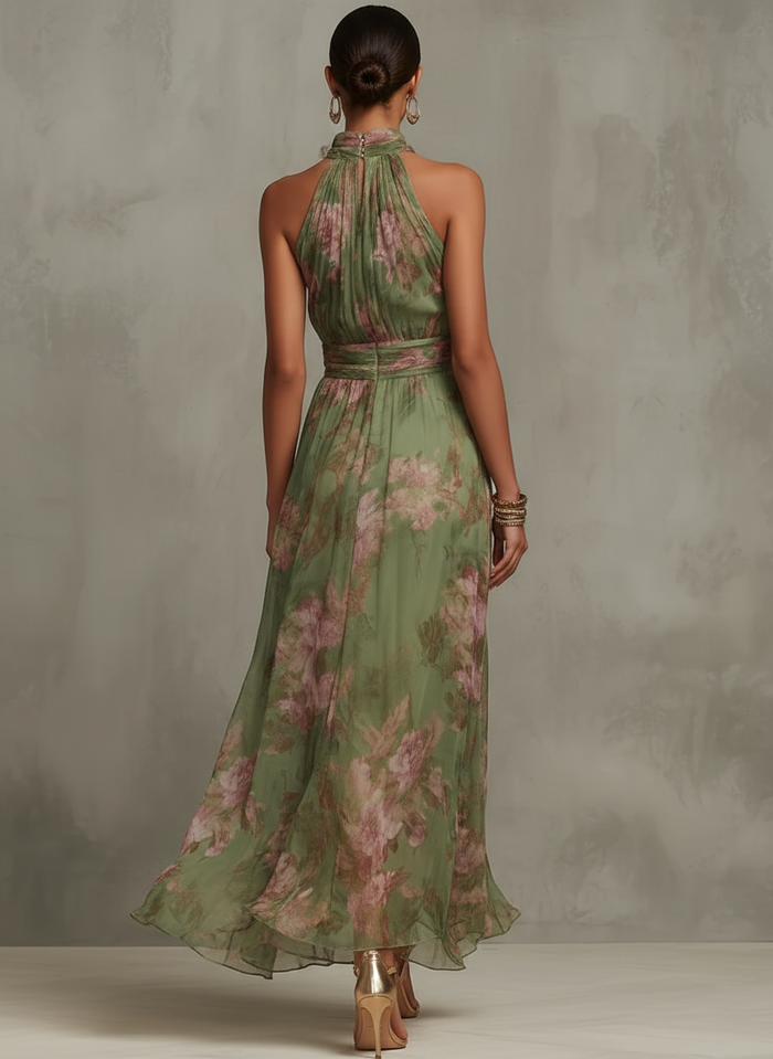 Serena | Elegant Floral Chiffon Halter Maxi Dress by Qivii