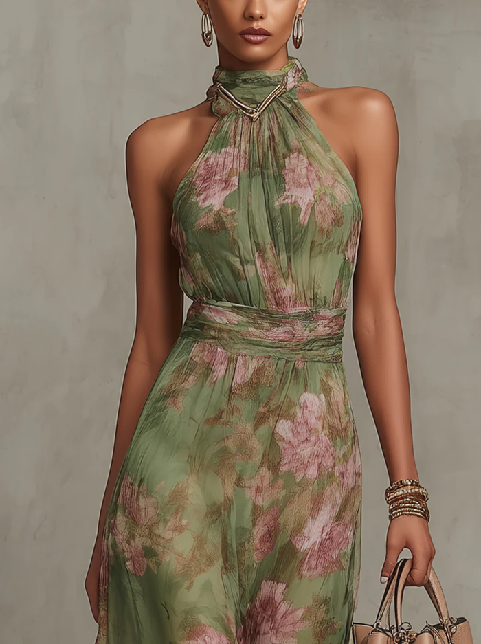 Serena | Elegant Floral Chiffon Halter Maxi Dress by Qivii