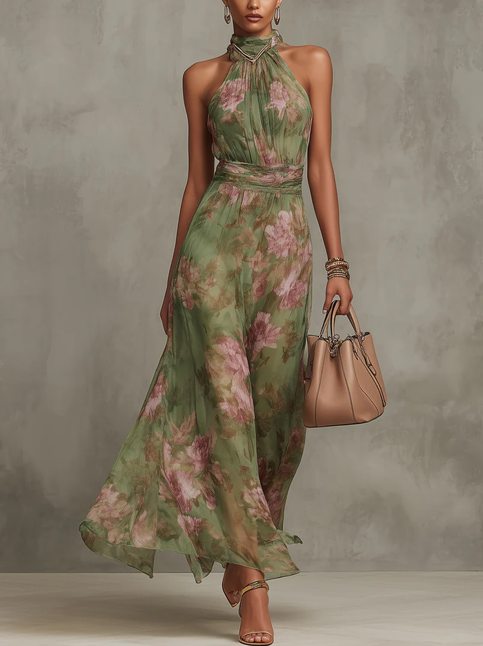 Serena | Elegant Floral Chiffon Halter Maxi Dress by Qivii
