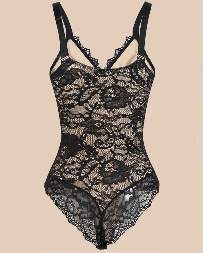 Sexy One Piece Deep V Neck Backless Tank Tops Lace Thong Shapewear Bodysuit  - By Qivii