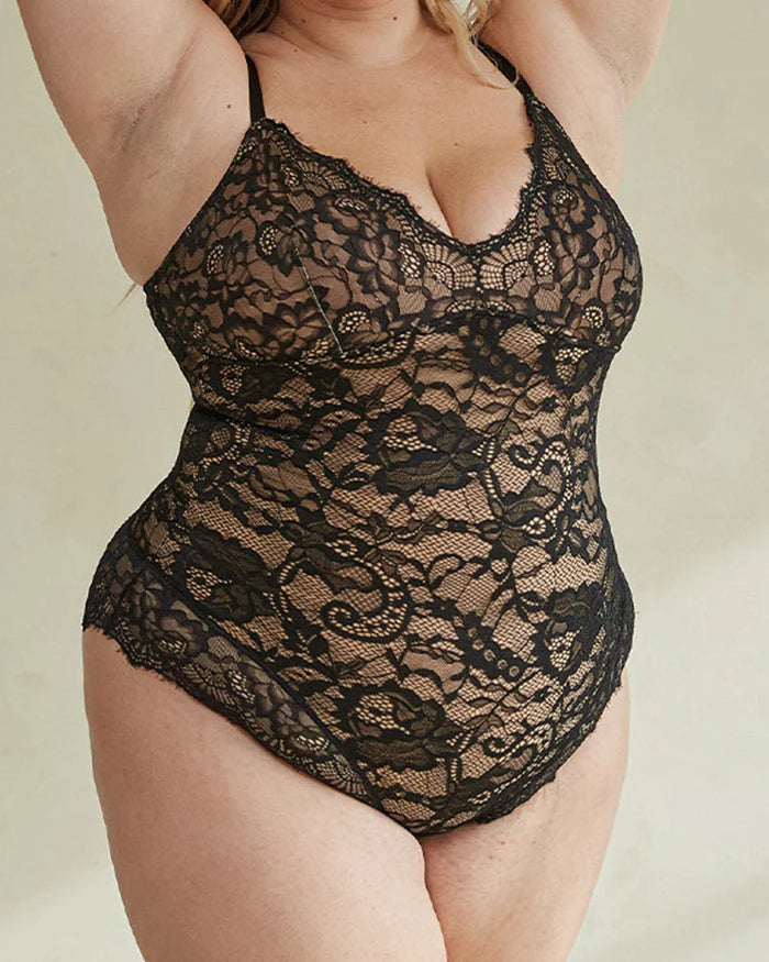 Sexy One Piece Deep V Neck Backless Tank Tops Lace Thong Shapewear Bodysuit  - By Qivii