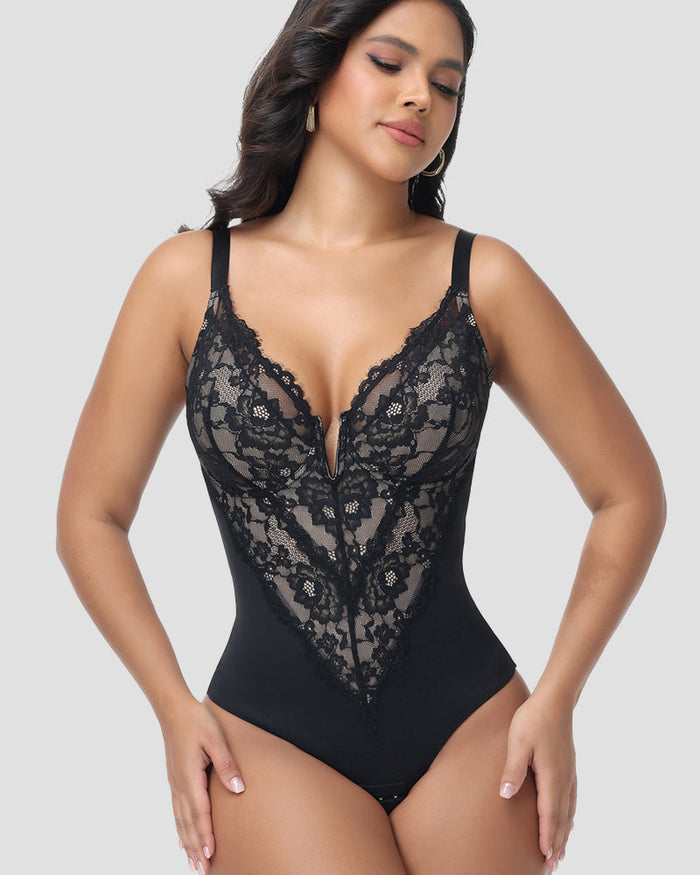 Sexy Plunge Lace Shapewear Bodysuit With Hook Crotch - By Qivii
