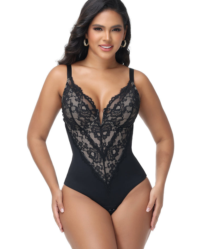 Sexy Plunge Lace Shapewear Bodysuit With Hook Crotch - By Qivii