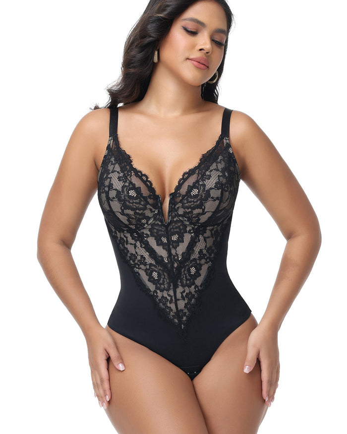 Sexy Plunge Lace Shapewear Bodysuit With Hook Crotch - By Qivii