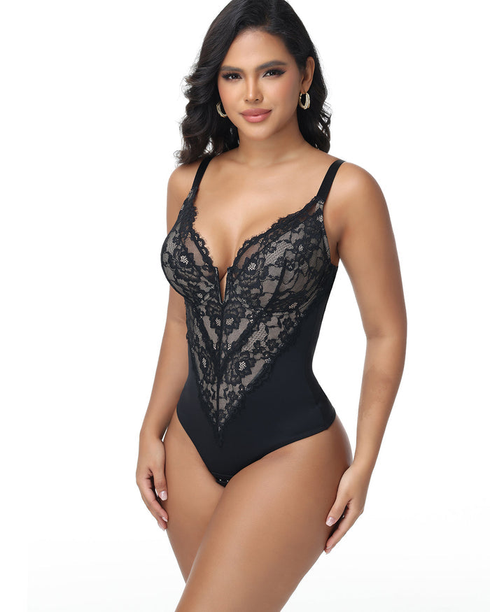Sexy Plunge Lace Shapewear Bodysuit With Hook Crotch - By Qivii