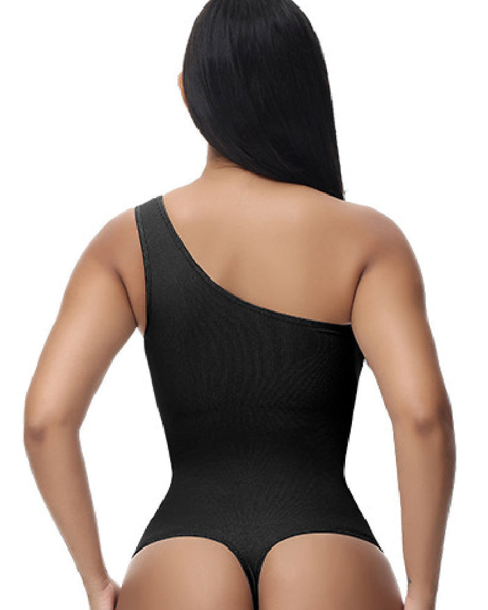 Sexy Ribbed One Shoulder Sleeveless Tank Top Tight Stretch Bodysuit - By Qivii
