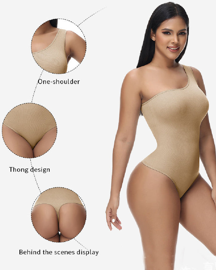 Sexy Ribbed One Shoulder Sleeveless Tank Top Tight Stretch Bodysuit - By Qivii