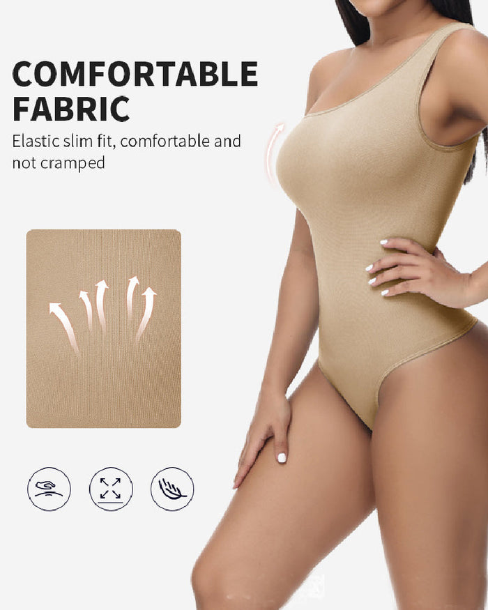 Sexy Ribbed One Shoulder Sleeveless Tank Top Tight Stretch Bodysuit - By Qivii