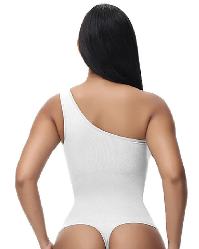 Sexy Ribbed One Shoulder Sleeveless Tank Top Tight Stretch Bodysuit - By Qivii