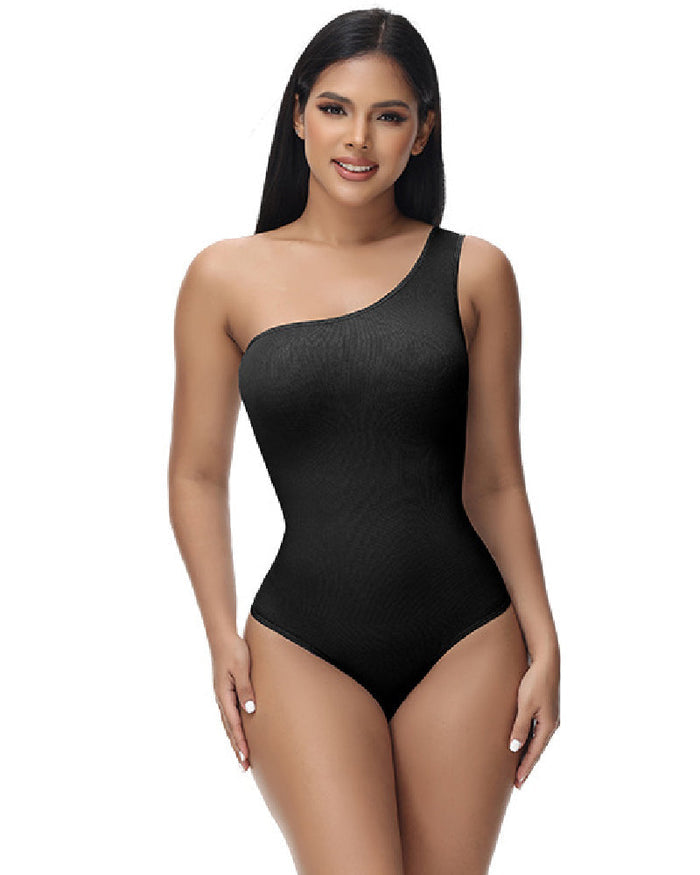 Sexy Ribbed One Shoulder Sleeveless Tank Top Tight Stretch Bodysuit - By Qivii