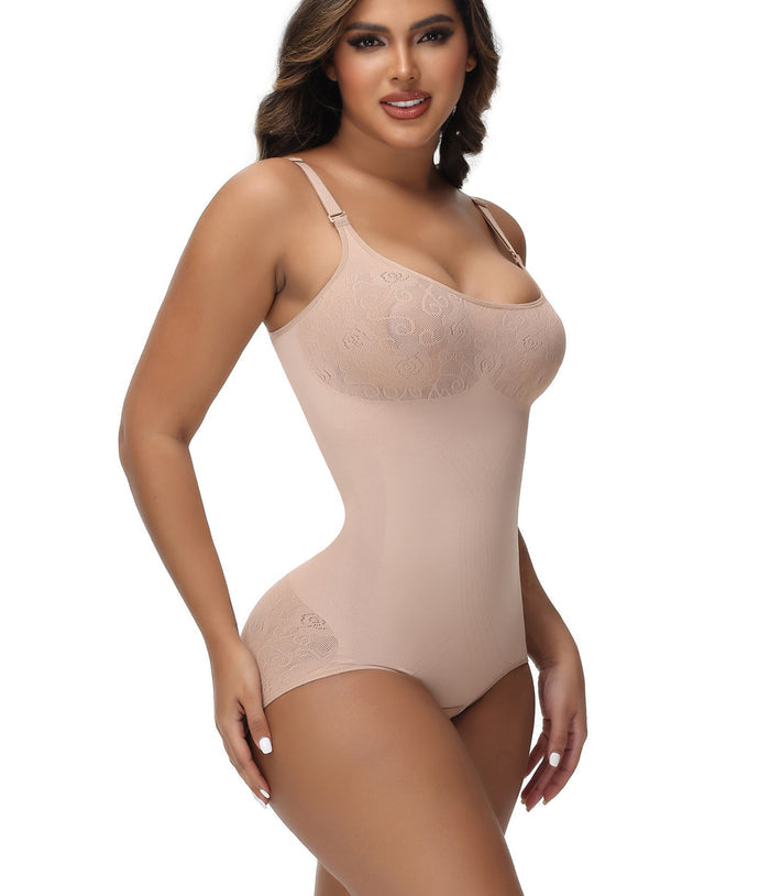 Sexy Seamless Jacquard Bodysuit Tummy Control Spaghetti Strap Shapewear - By Qivii
