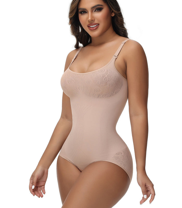 Sexy Seamless Jacquard Bodysuit Tummy Control Spaghetti Strap Shapewear - By Qivii