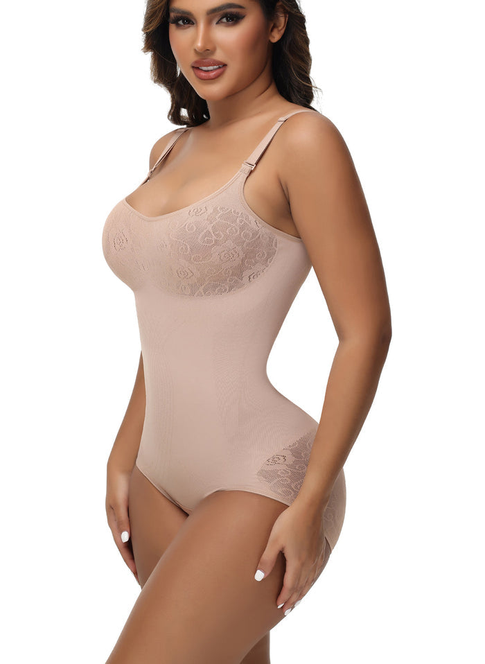 Sexy Seamless Jacquard Bodysuit Tummy Control Spaghetti Strap Shapewear - By Qivii