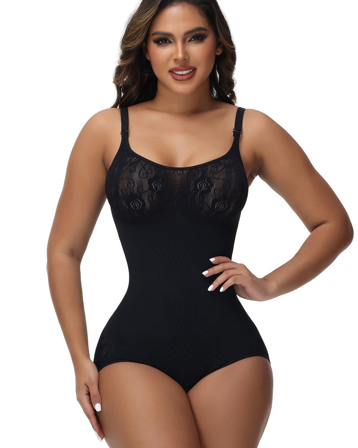 Sexy Seamless Jacquard Bodysuit Tummy Control Spaghetti Strap Shapewear - By Qivii