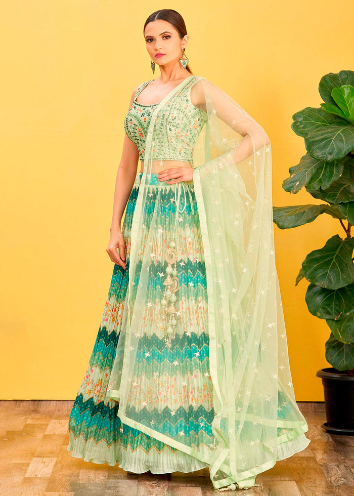 Shades Of Green Digital Printed Chinnon Lehenga with Thread,Zari & Sequins Work | Ready To Wear - qivii
