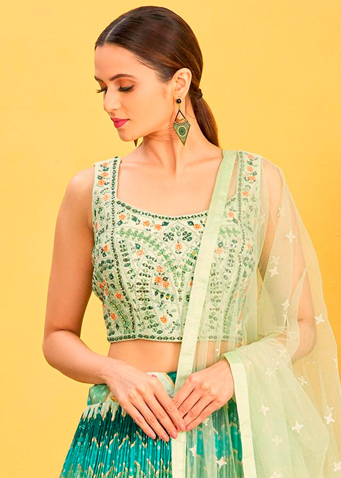 Shades Of Green Digital Printed Chinnon Lehenga with Thread,Zari & Sequins Work | Ready To Wear - qivii