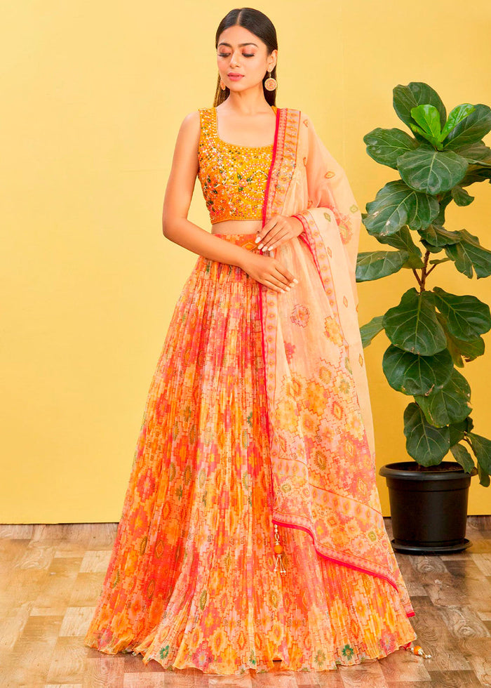 Shades Of Yellow Digital Printed Organza Lehenga with Thread,Zari & Sequins Work | Ready To Wear - qivii