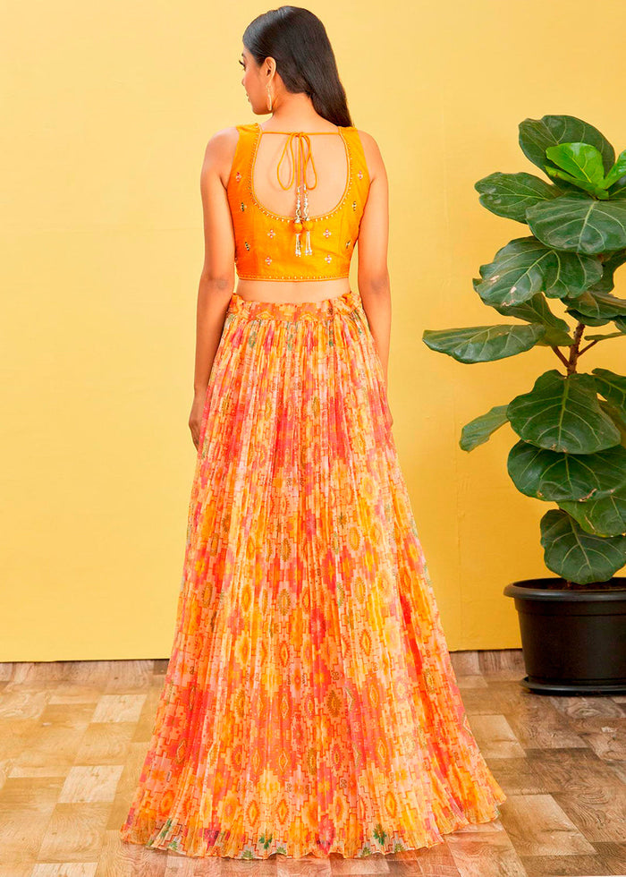 Shades Of Yellow Digital Printed Organza Lehenga with Thread,Zari & Sequins Work | Ready To Wear - qivii