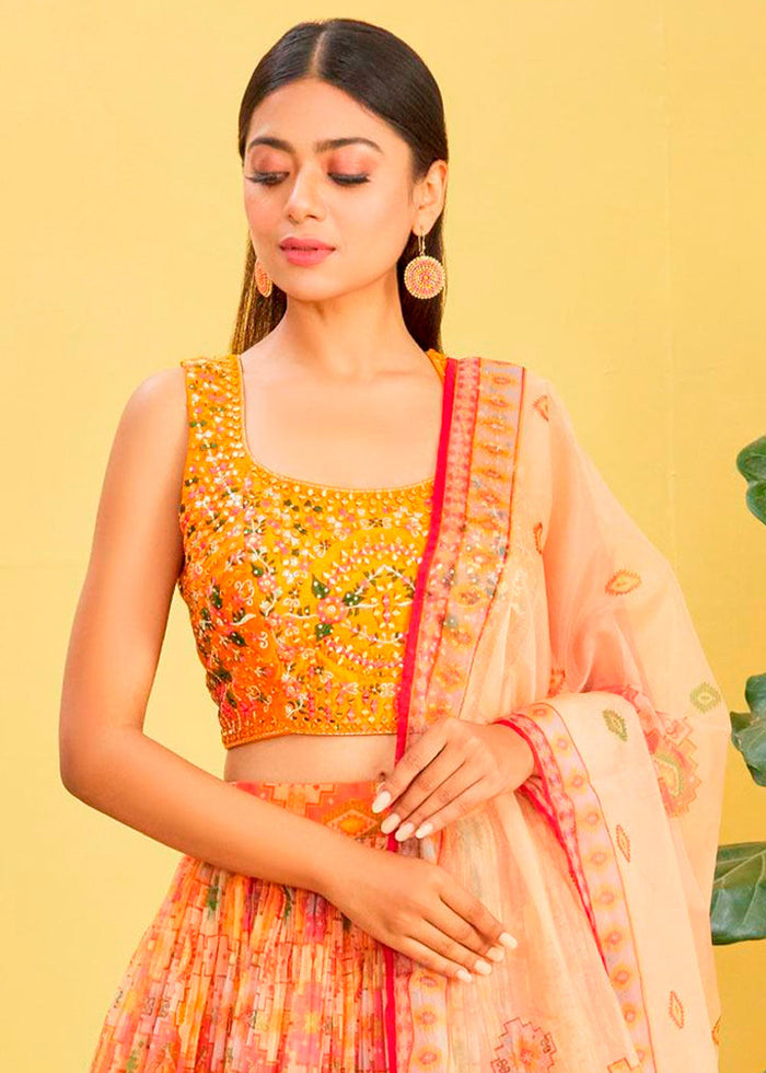 Shades Of Yellow Digital Printed Organza Lehenga with Thread,Zari & Sequins Work | Ready To Wear - qivii