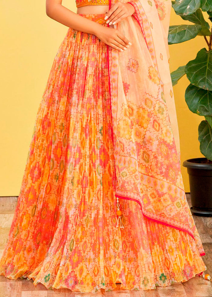 Shades Of Yellow Digital Printed Organza Lehenga with Thread,Zari & Sequins Work | Ready To Wear - qivii