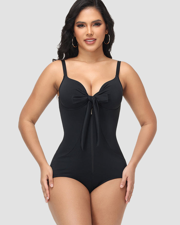 Shaping V Neck Swimsuit with Zipper and Bow - By Qivii