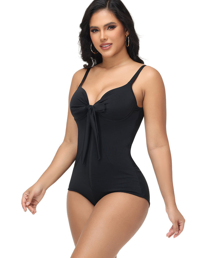Shaping V Neck Swimsuit with Zipper and Bow - By Qivii