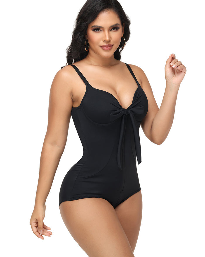 Shaping V Neck Swimsuit with Zipper and Bow - By Qivii