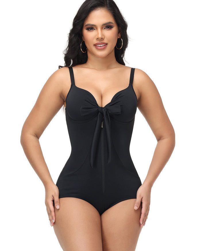 Shaping V Neck Swimsuit with Zipper and Bow - By Qivii