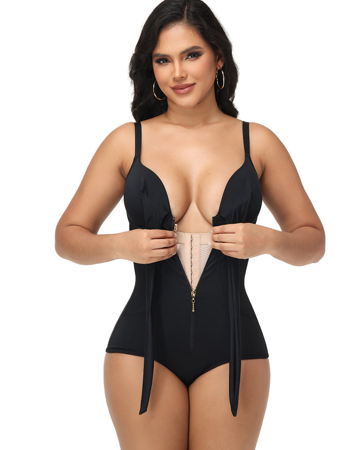 Shaping V Neck Swimsuit with Zipper and Bow - By Qivii