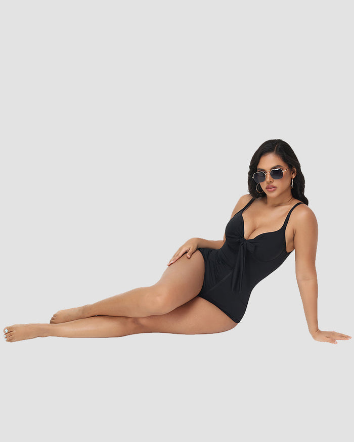 Shaping V Neck Swimsuit with Zipper and Bow - By Qivii