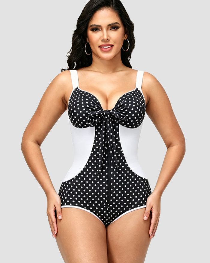 Shaping V Neck Swimsuit with Zipper and Bow - By Qivii