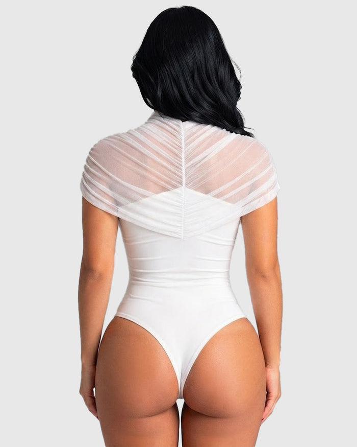 Sheer Mesh High Neck Twist Front Cutout Bodysuit  - By Qivii