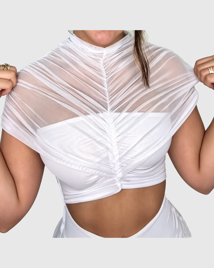 Sheer Mesh High Neck Twist Front Cutout Bodysuit  - By Qivii