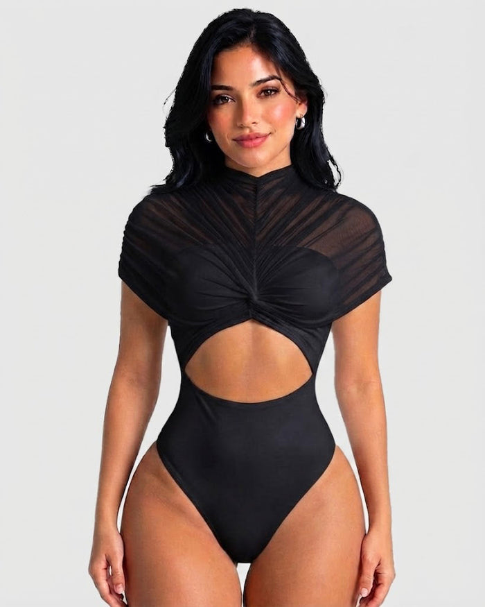Sheer Mesh High Neck Twist Front Cutout Bodysuit  - By Qivii