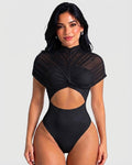 Sheer Mesh High Neck Twist Front Cutout Bodysuit  - By Qivii