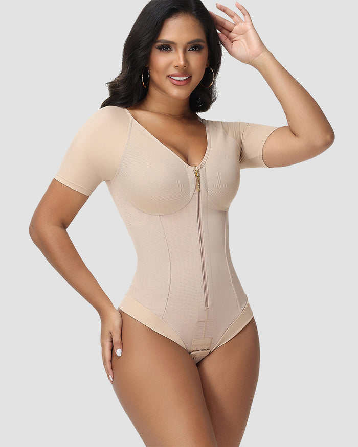 Short-Sleeve Tummy Control Thong Bodysuit - By Qivii