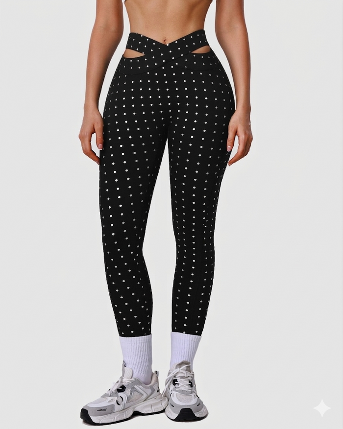 Silver Polka Dot Yoga Leggings Cross-cut Black Workout Pants  - By Qivii